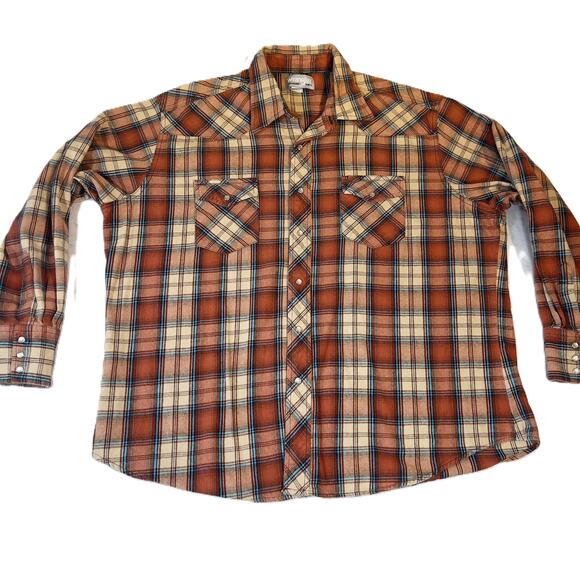 Wrangler Wrancher Flannel Shirt Men's XXL Pearl Snap Button Brick-Red Plaid West - Picture 1 of 12
